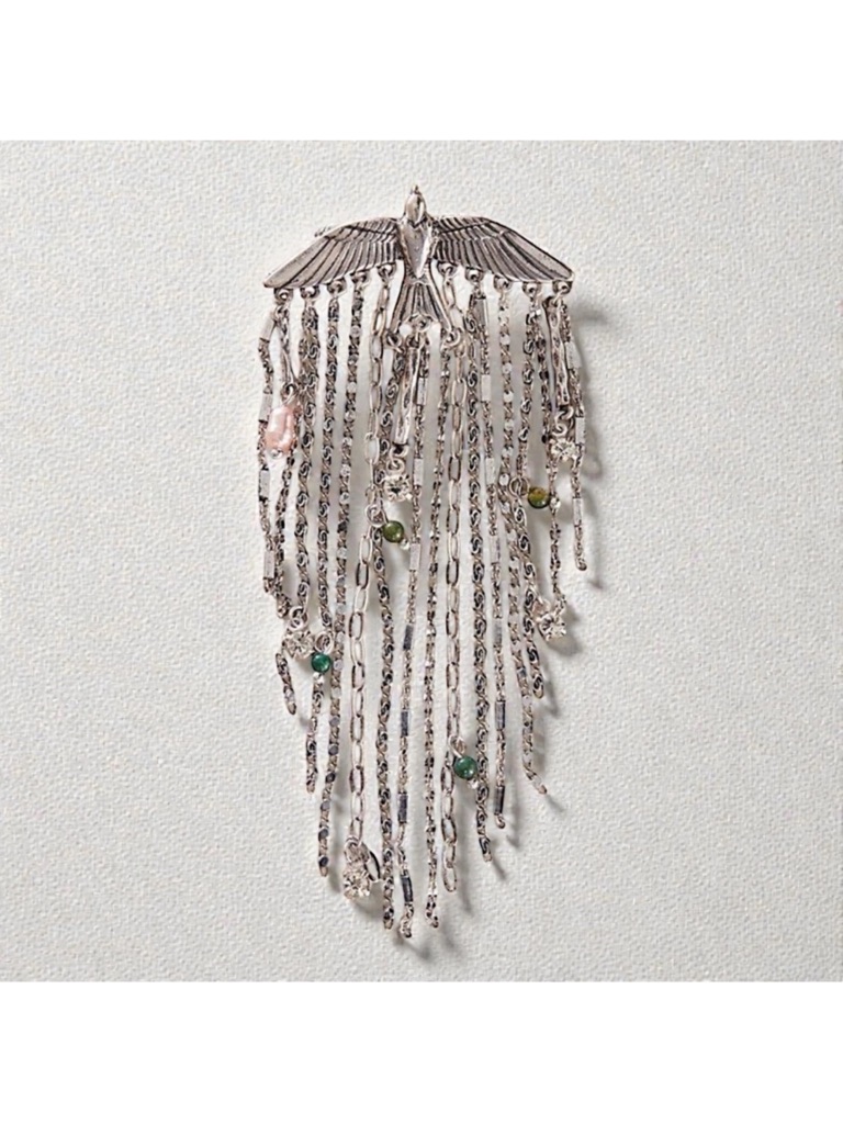 Free People Silver Bird Fringe Brooch With Green And Pink Beads 50$